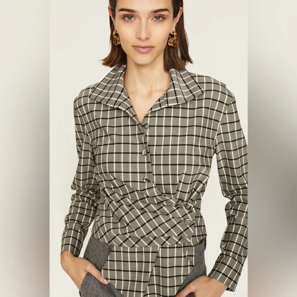 NWT $698 Tory Burch Plaid Asymmetric Wrap Shirt Blouse